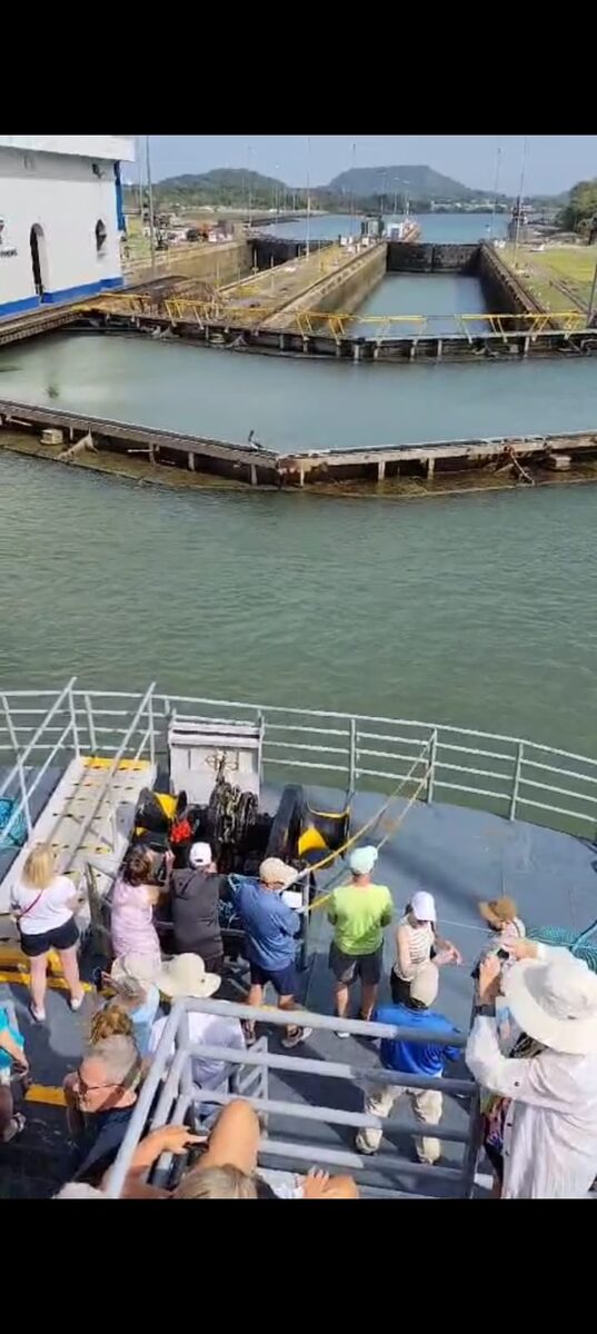 View from boat deck approaching canal locks