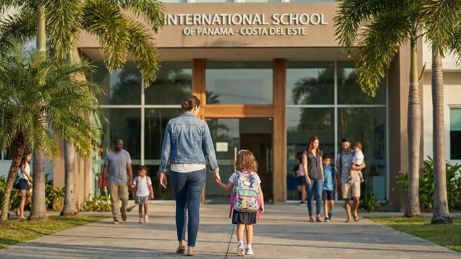 Parents walking a child into a school in Costa del Este, Panama
