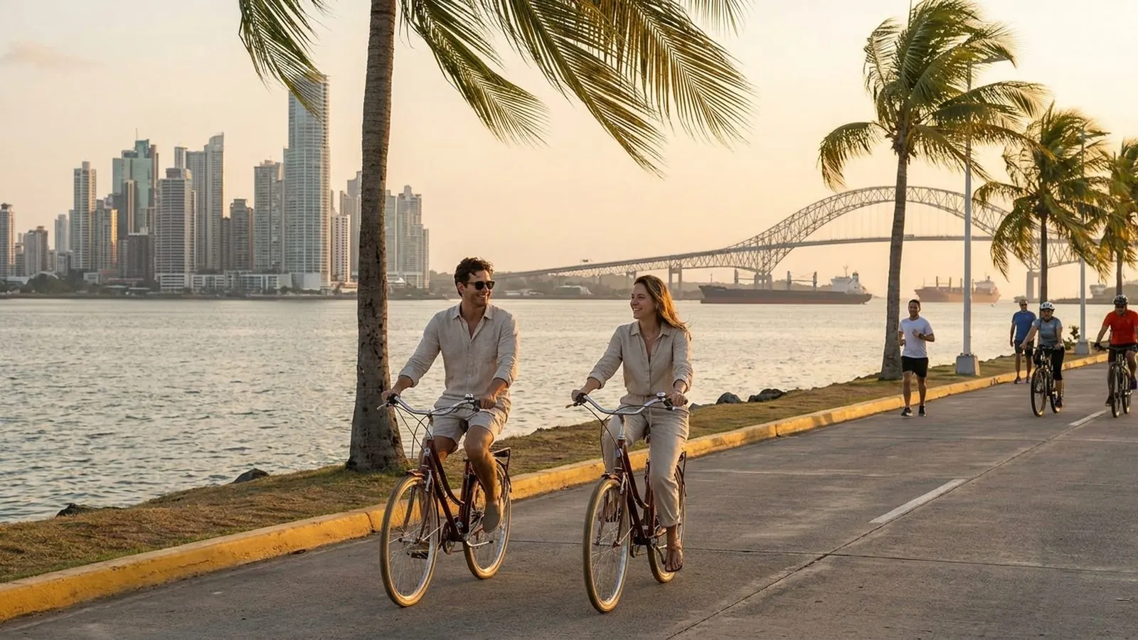 Amador Causeway at sunset with Panama City skyline